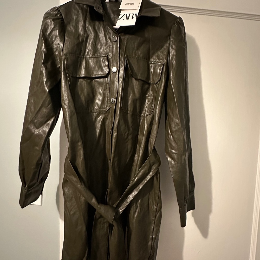 Zara Hunter Green Belted Leather Dress